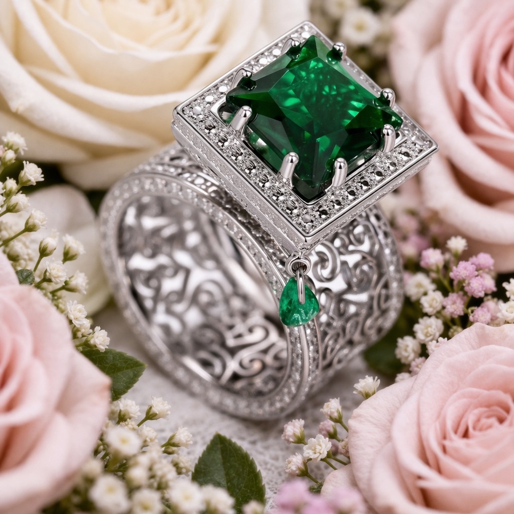 Elegant Silver and Green Gemstone Ring - Picture 2 of 6